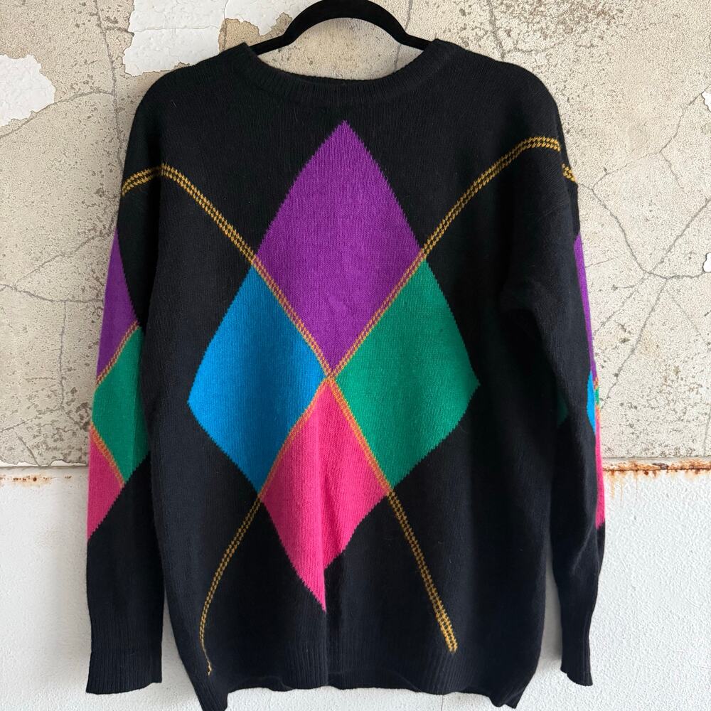Vtg 80s Sweater Lambswool Angora Argyle Pullover Colorblock Diamond Knit Women M